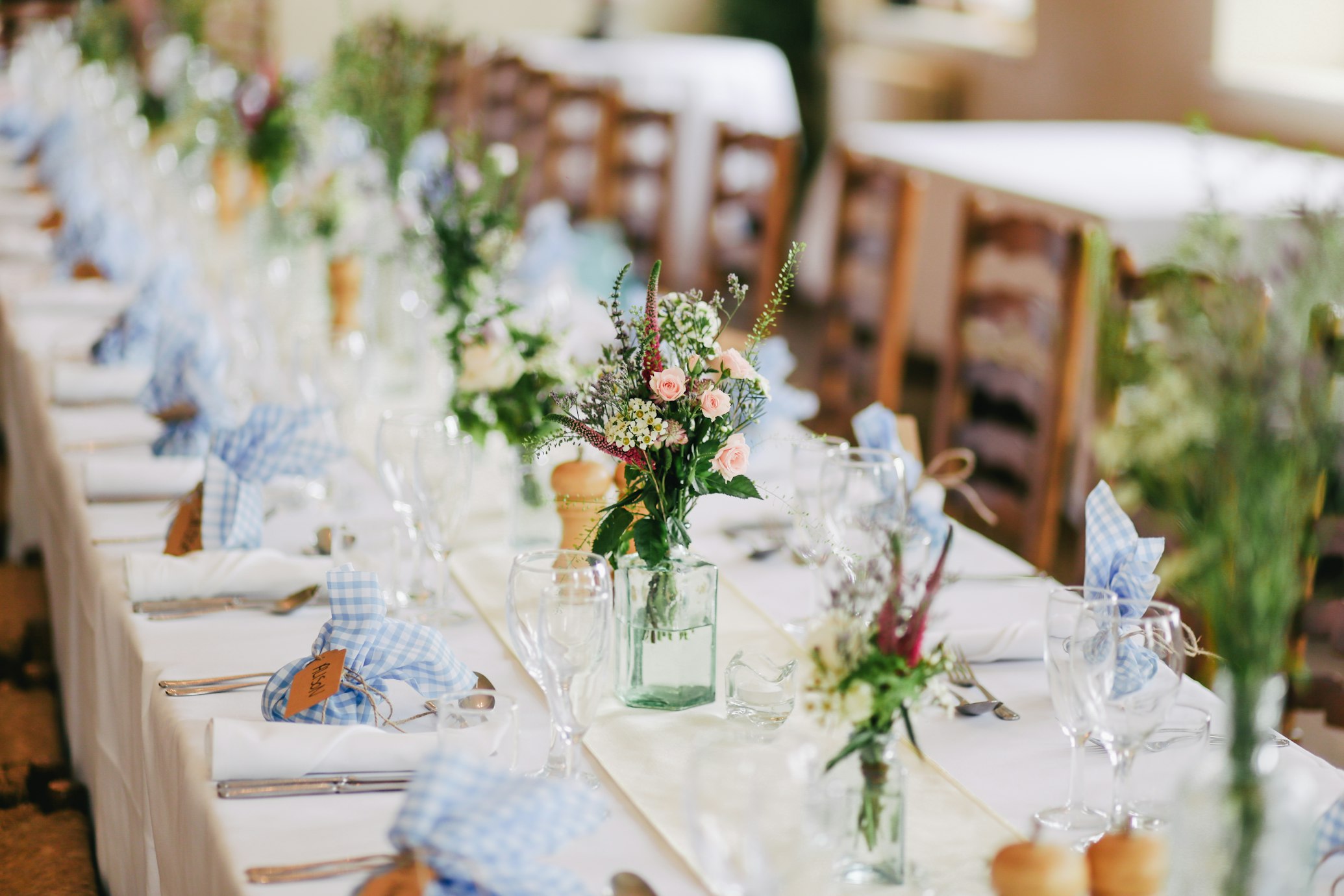 Elegant wedding reception setup with string lights